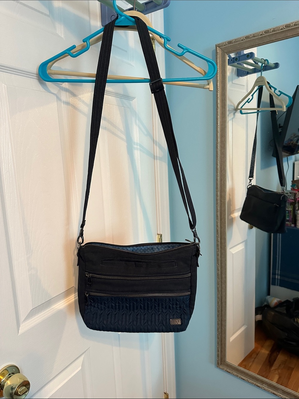 lug Black Crossbody Bag with Navy Interior